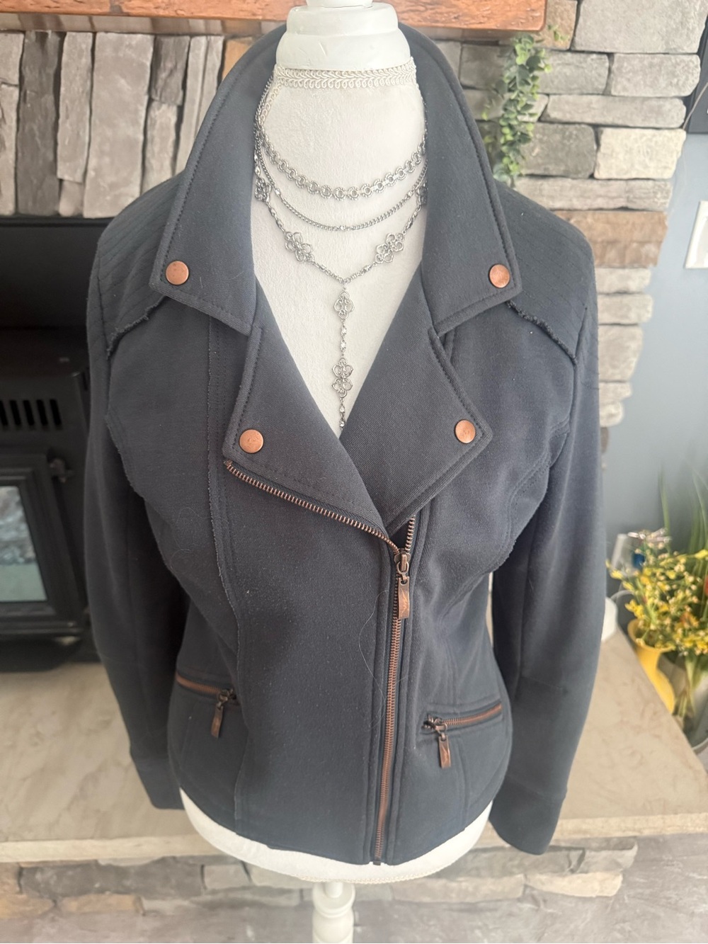 Women’s Black Moto-Style Zip Jacket with Bronze Hardware